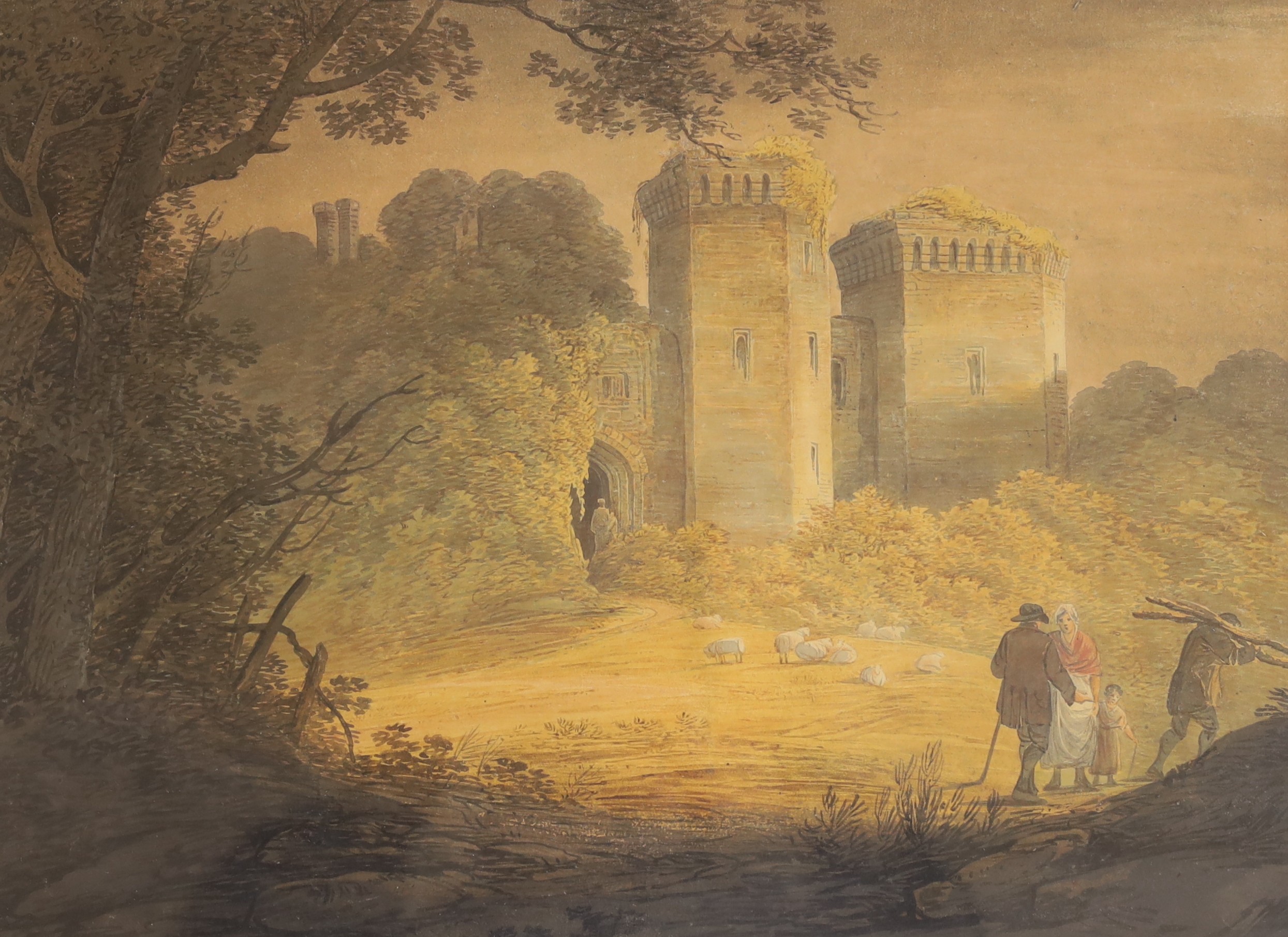 William Payne (1760–1830), watercolour, A view through the woodland, shepherd and wood gatherer, possibly Berry Pomeroy Castle, Devon, 28 x 38cm